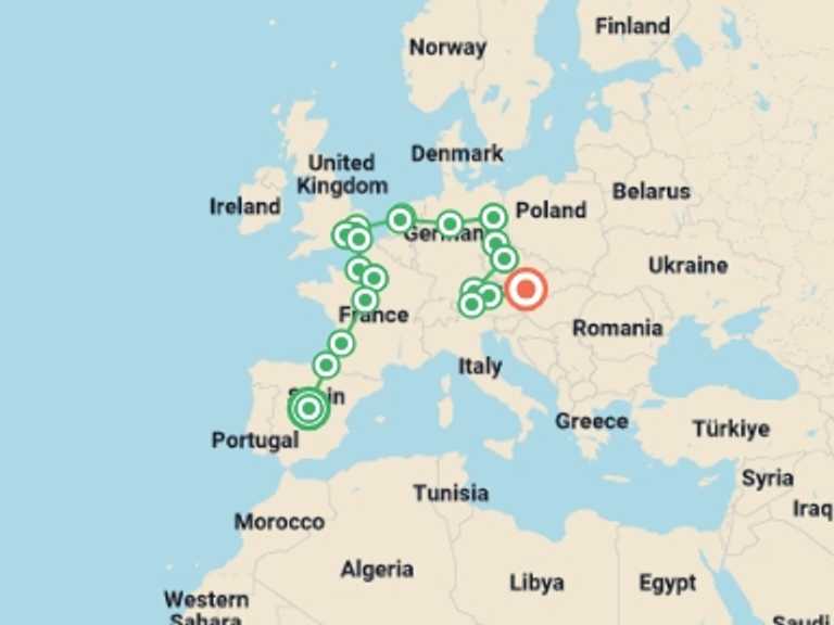Map of 19-Day London Tour with 12 destination visits for the trip: Great European Route, Ending in Vienna