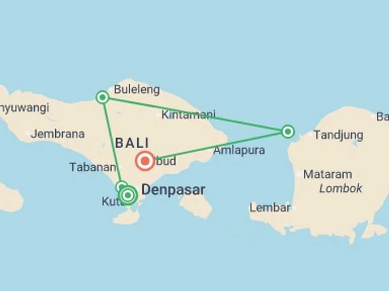Map itinerary of South East Asia Tour in July 2026 with 5 destination visits for the trip: Bali & the Gili Islands  - 12 days