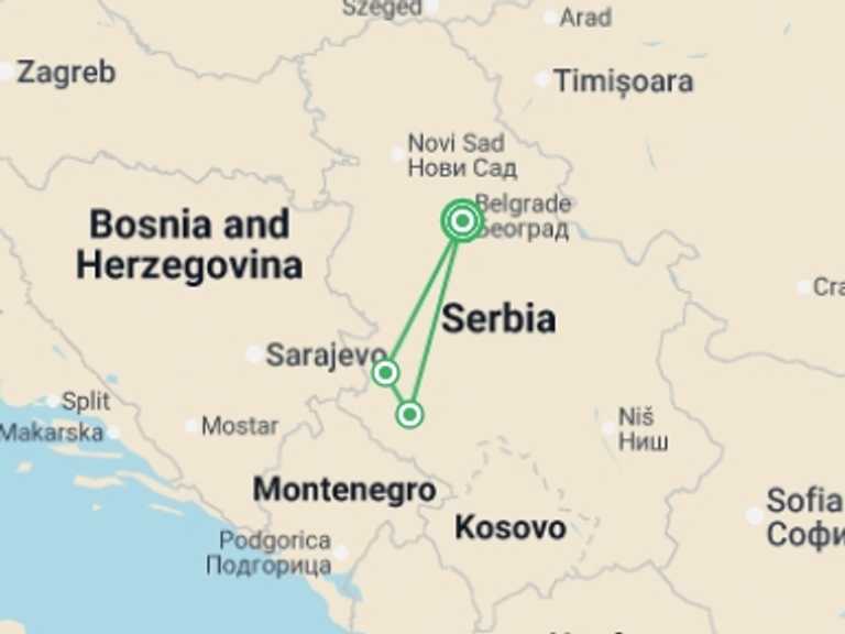 Map of Europe City sightseeing Tour with 2 destination visits for the trip: Serbia Uncovered - 7 days