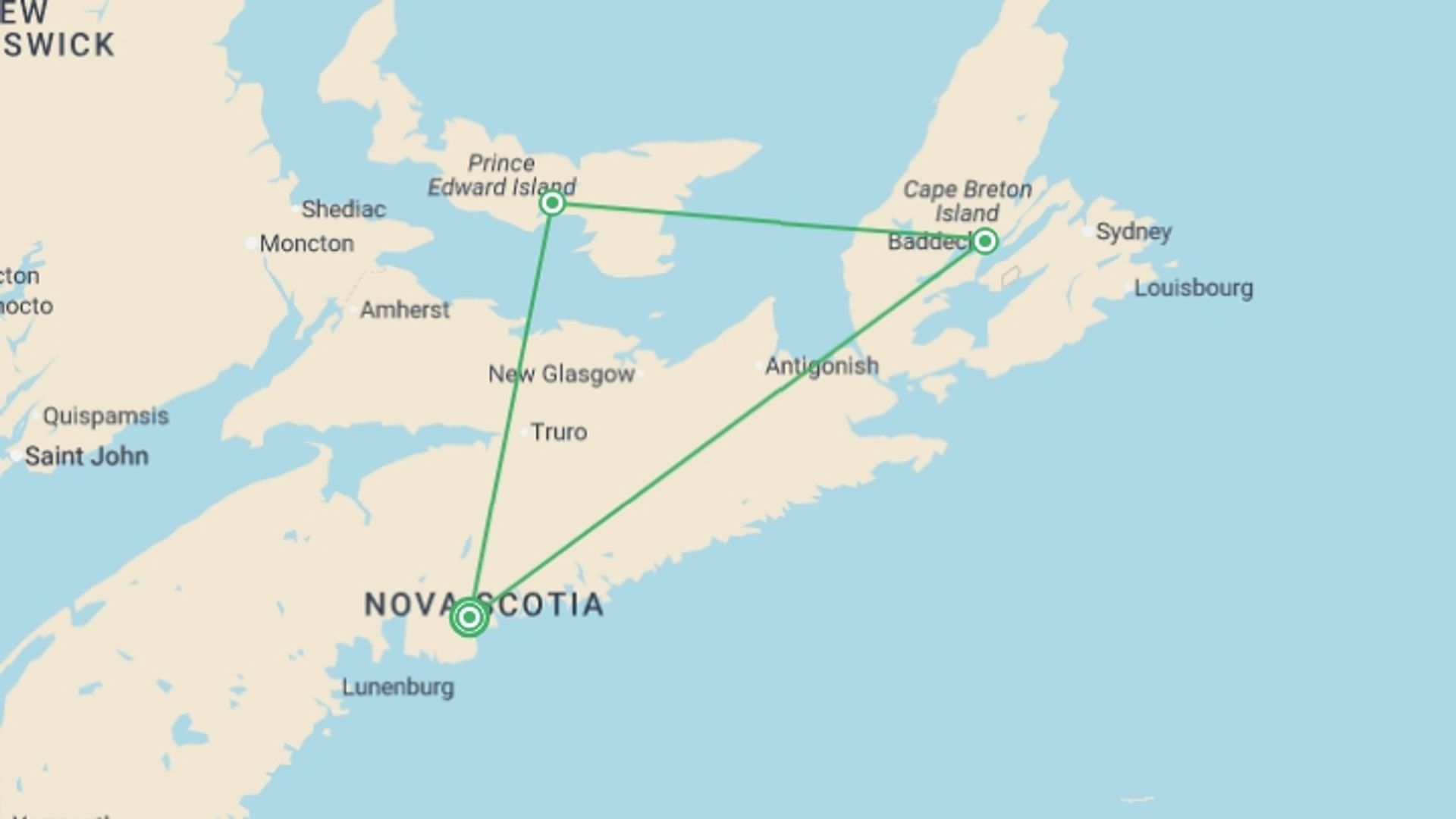 A map showing the tour itinerary for the trip: Nova Scotia, Prince Edward & Cape Breton - 8 days, starting in Halifax, Canada and ending in Halifax, Canada going through 2 other destinations.