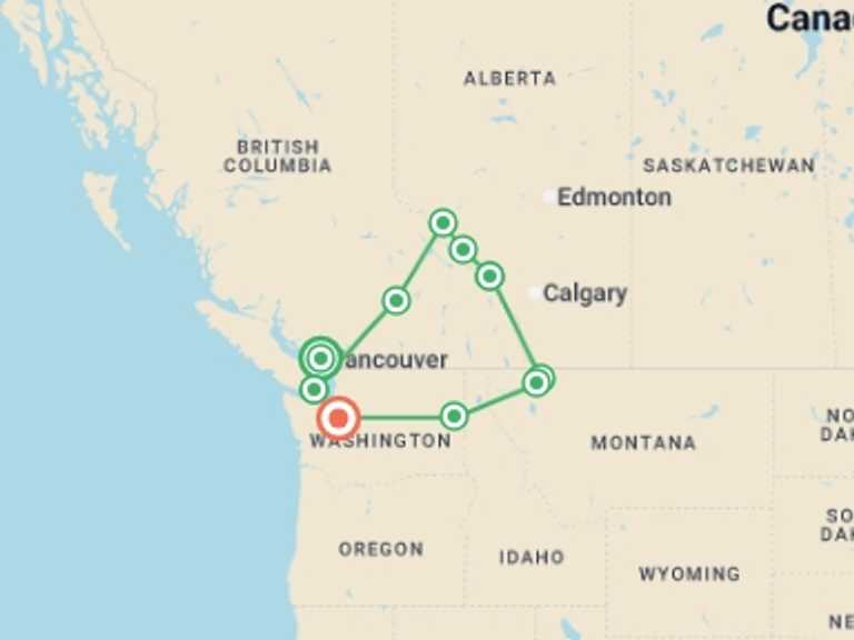 Map itinerary of Vancouver Tour in June 2027 with 10 destination visits for the trip: Canadian Rockies and Pacific Coast