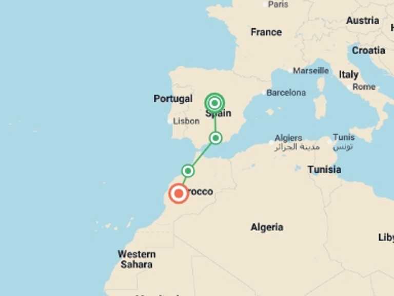 Map of Europe Art and architecture Tour with 4 destination visits for the trip: Madrid and Magical Morocco end Marrakesh