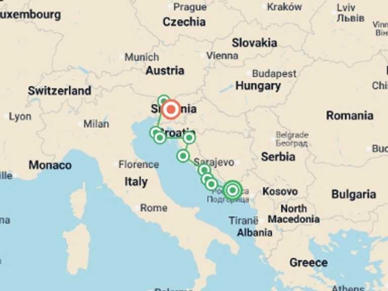 Map itinerary of Europe Tour in June 2027 with 10 destination visits for the trip: Dubrovnik to Ljubljana