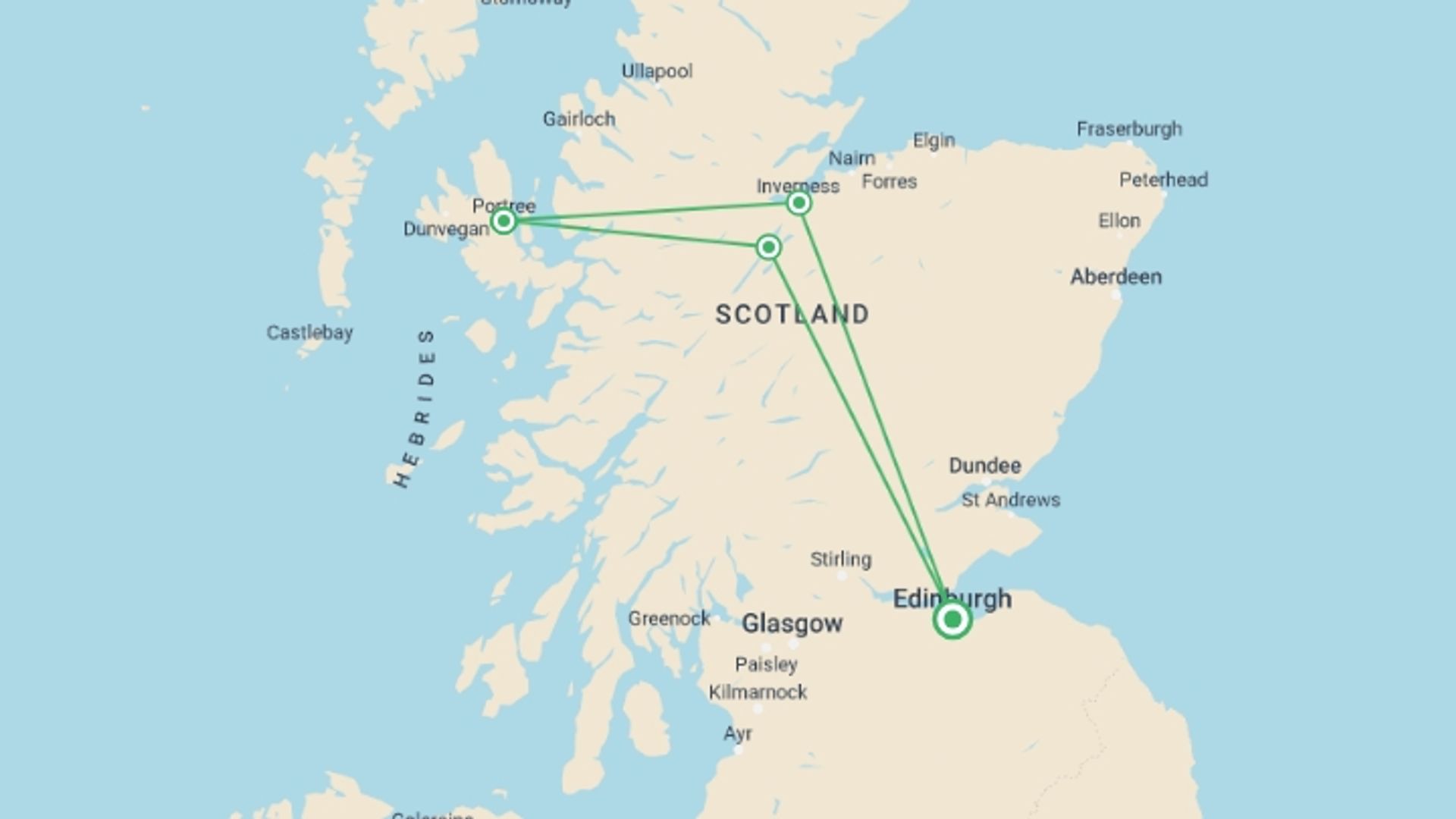 A map showing the tour itinerary for the trip: Wild Skye Volunteer Adventure, starting in Edinburgh, Scotland and ending in Edinburgh, Scotland going through 2 other destinations.