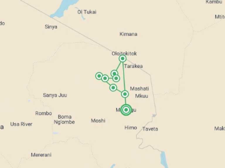 Map itinerary of Africa Tour in October 2026 with 8 destination visits for the trip: Kilimanjaro Climb Rongai Route