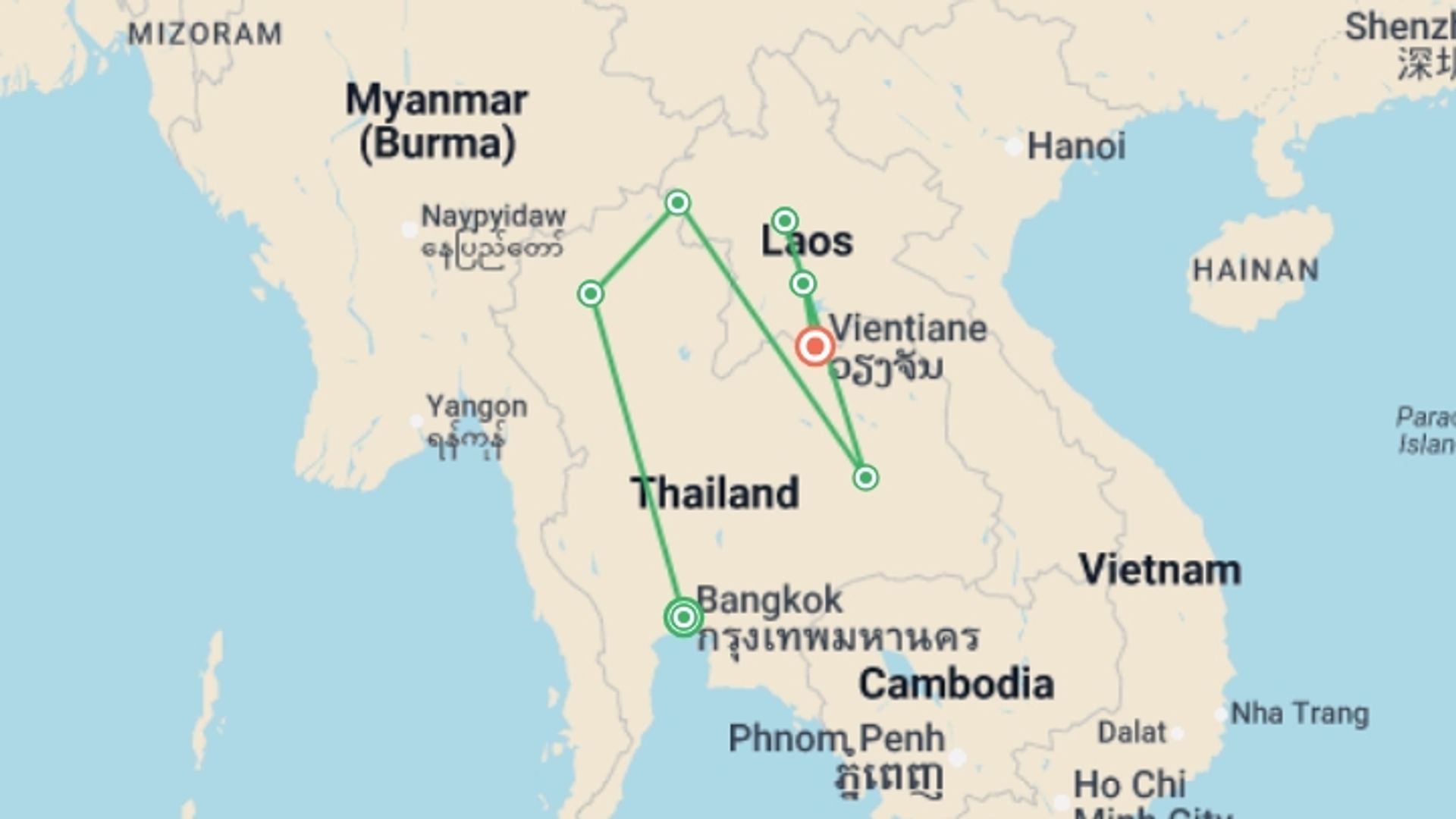 A map showing the tour itinerary for the trip: Thailand & Laos Adventure, starting in Bangkok, Thailand and ending in Vientiane, Laos going through 5 other destinations.