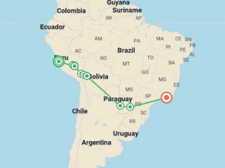 Map itinerary of Puerto Iguazu Tour in January 2026 with 10 destination visits for the trip: Journey Across South America - 19 Days