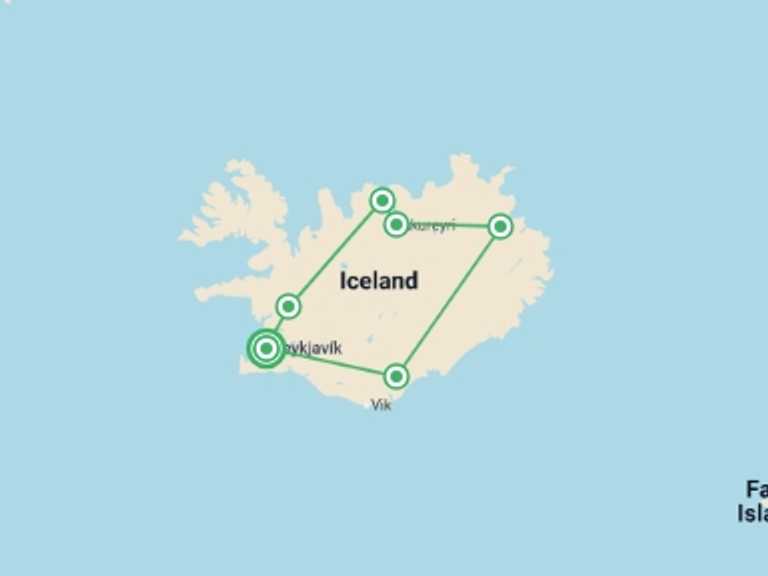 Map of 7-Day Reykjavik Tour with 7 destination visits for the trip: Totally Iceland - 7 days