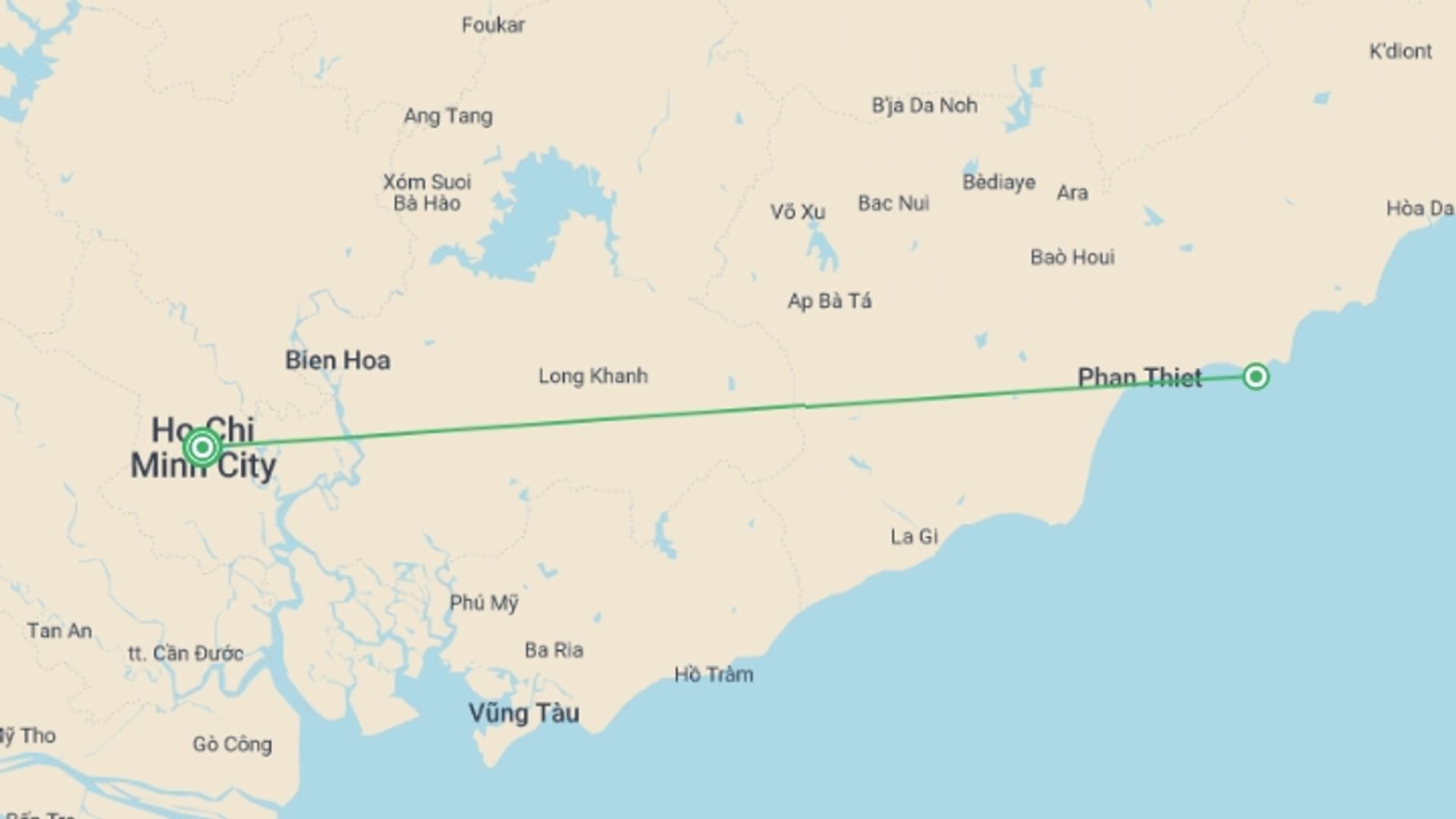 A map showing the tour itinerary for the trip: Saigon, Mekong & Mui Ne Beach Break (Deluxe) - 9 days, starting in Ho Chi Minh City, Vietnam and ending in Ho Chi Minh City, Vietnam going through 1 other destinations.