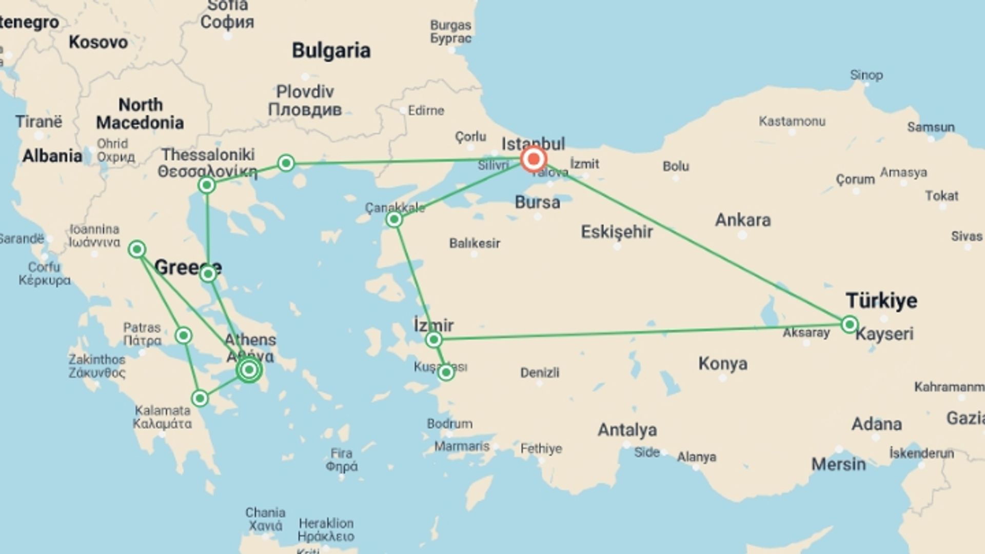 A map showing the tour itinerary for the trip: Classic Greece to Turkey Adventure, starting in Athens, Greece and ending in Istanbul, Turkey going through 10 other destinations.
