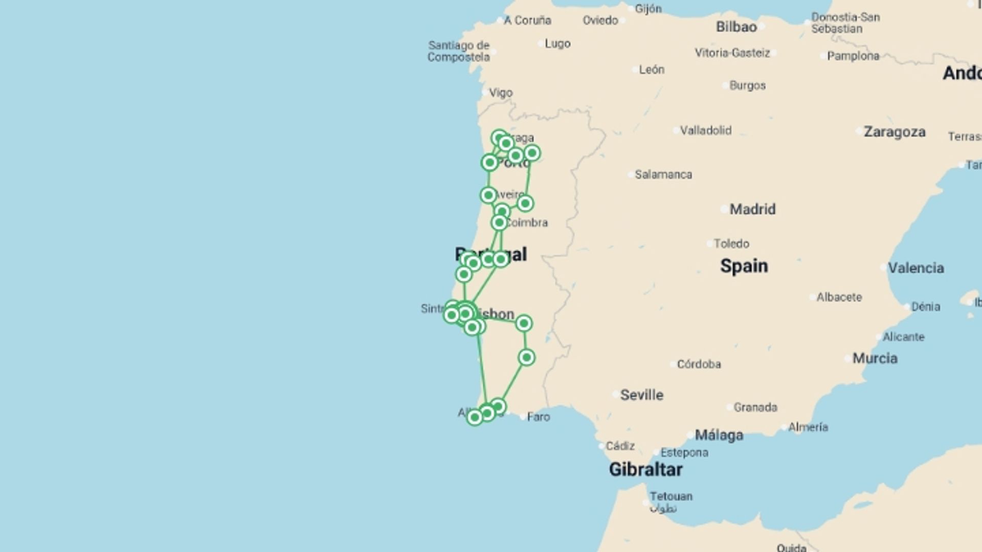 A map showing the tour itinerary for the trip: Best of Portugal, starting in Lisbon, Portugal and ending in Lisbon, Portugal going through 5 other destinations.