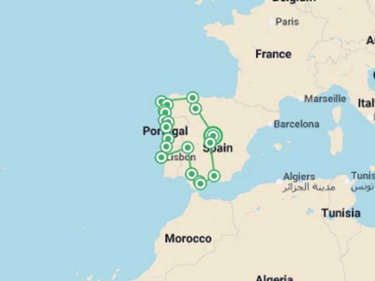 Map of 14-Day Madrid Tour with 11 destination visits for the trip: Madrid to Galicia, Portugal & Andalucia - 14 days