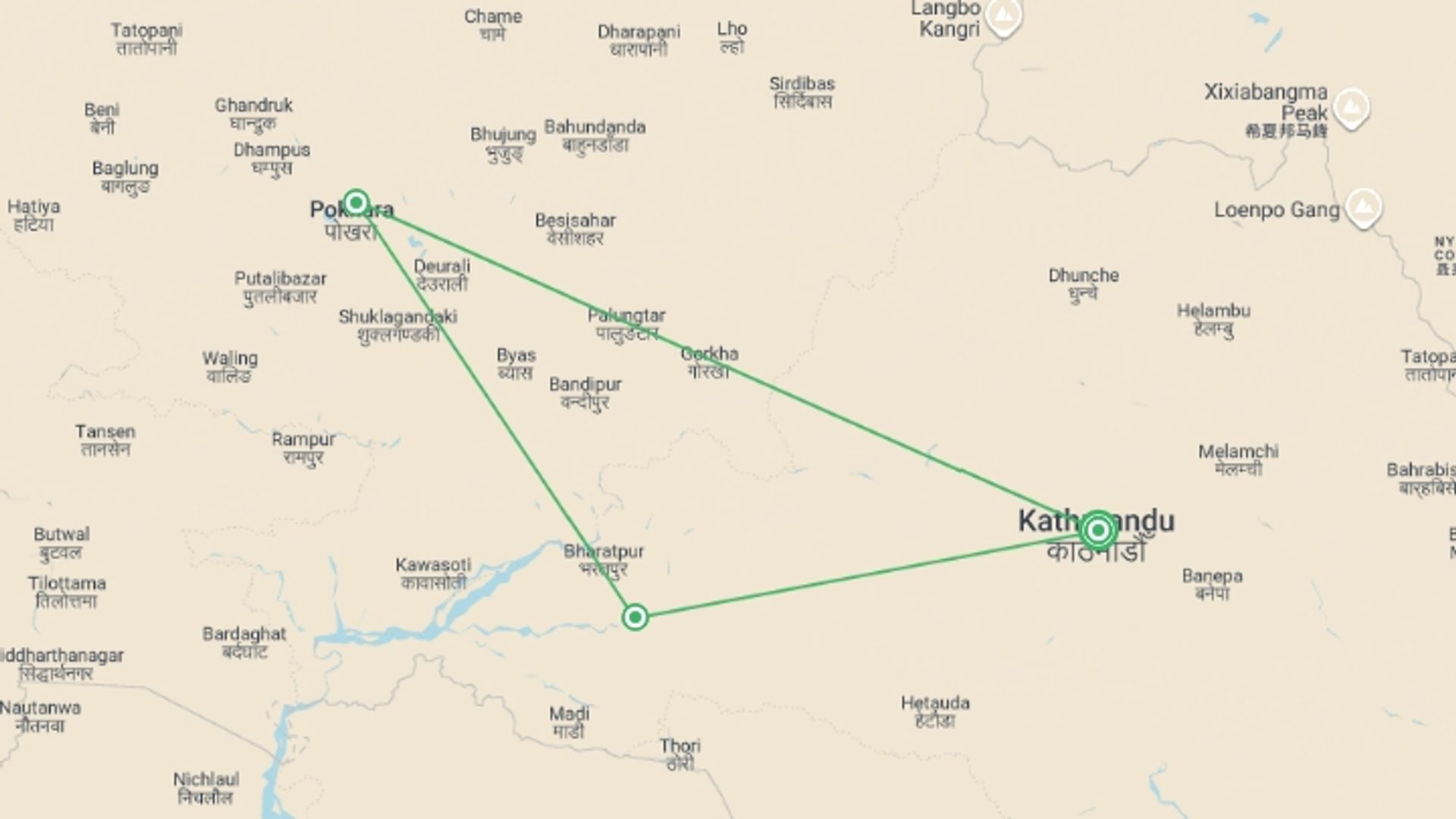 A map showing the tour itinerary for the trip: Premium Nepal, starting in Kathmandu, Nepal and ending in Kathmandu, Nepal going through 2 other destinations.