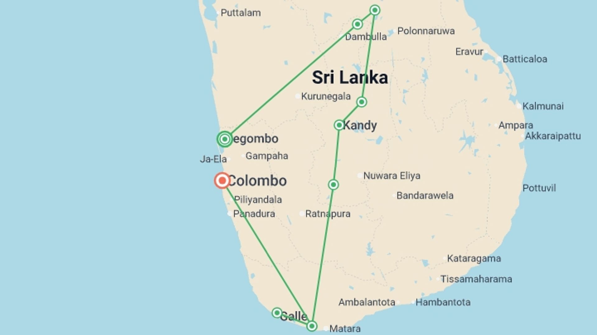 A map showing the tour itinerary for the trip: Sri Lanka: Hike, Bike & Kayak, starting in Negombo, Sri Lanka and ending in Colombo, Sri Lanka going through 6 other destinations.
