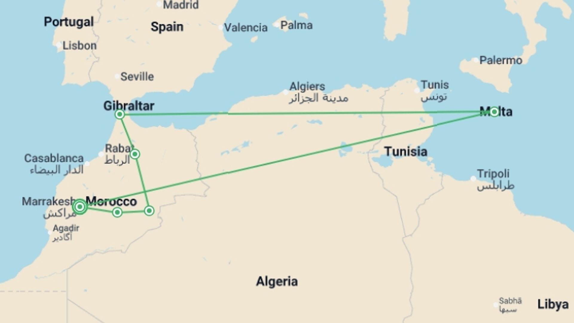 A map showing the tour itinerary for the trip: Fable of Morocco ROT, starting in Marrakech, Morocco and ending in Marrakech, Morocco going through 5 other destinations.