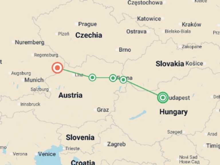 Map of Europe Tour with 4 destination visits for the trip: The Beautiful Blue Danube (port-to-port cruise)