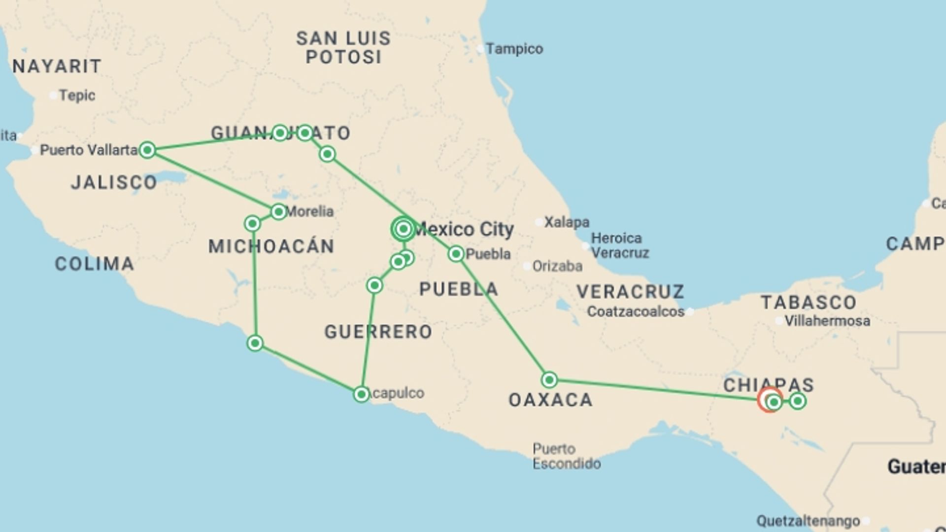 A map showing the tour itinerary for the trip: A Bit of All Mexico, starting in Mexico City, Mexico and ending in Tuxtla Gutiérrez, Mexico going through 6 other destinations.