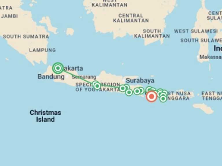Map of Indonesia Tour with 15 destination visits for the trip: Ultimate Indonesia 2025 (5 & 4 Star Hotels)