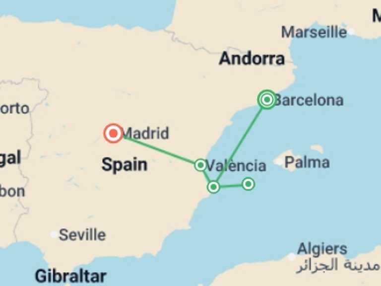 Map itinerary of Spain Tour in Spring with 4 destination visits for the trip: Barcelona to Madrid