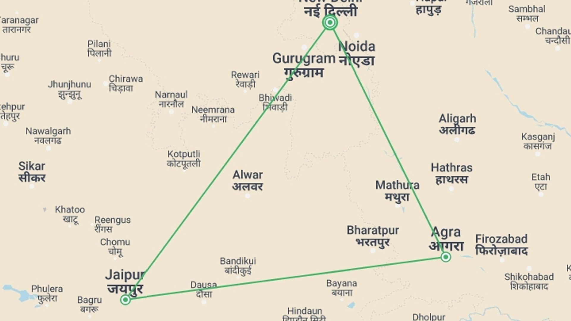 A map showing the tour itinerary for the trip: Golden Triangle Tour of India, starting in New Delhi, India and ending in New Delhi, India going through 3 other destinations.