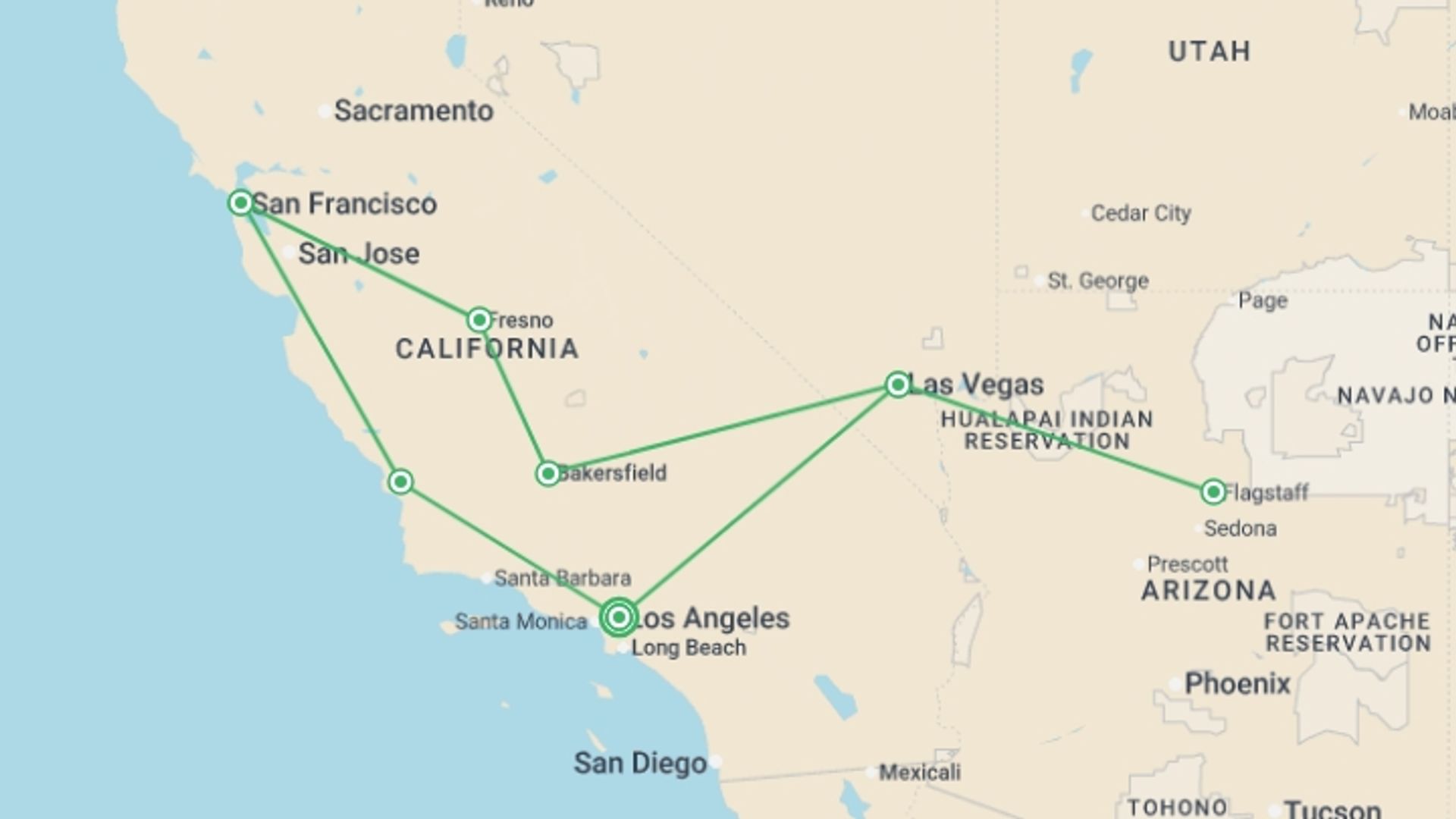 A map showing the tour itinerary for the trip: Dreams of the West, starting in Los Angeles, USA and ending in Los Angeles, USA going through 6 other destinations.