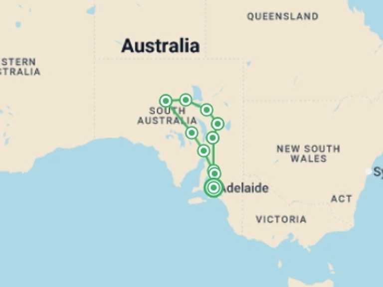 Map of Australia Adventure Tour with 7 destination visits for the trip: South Australia Outback Adventure