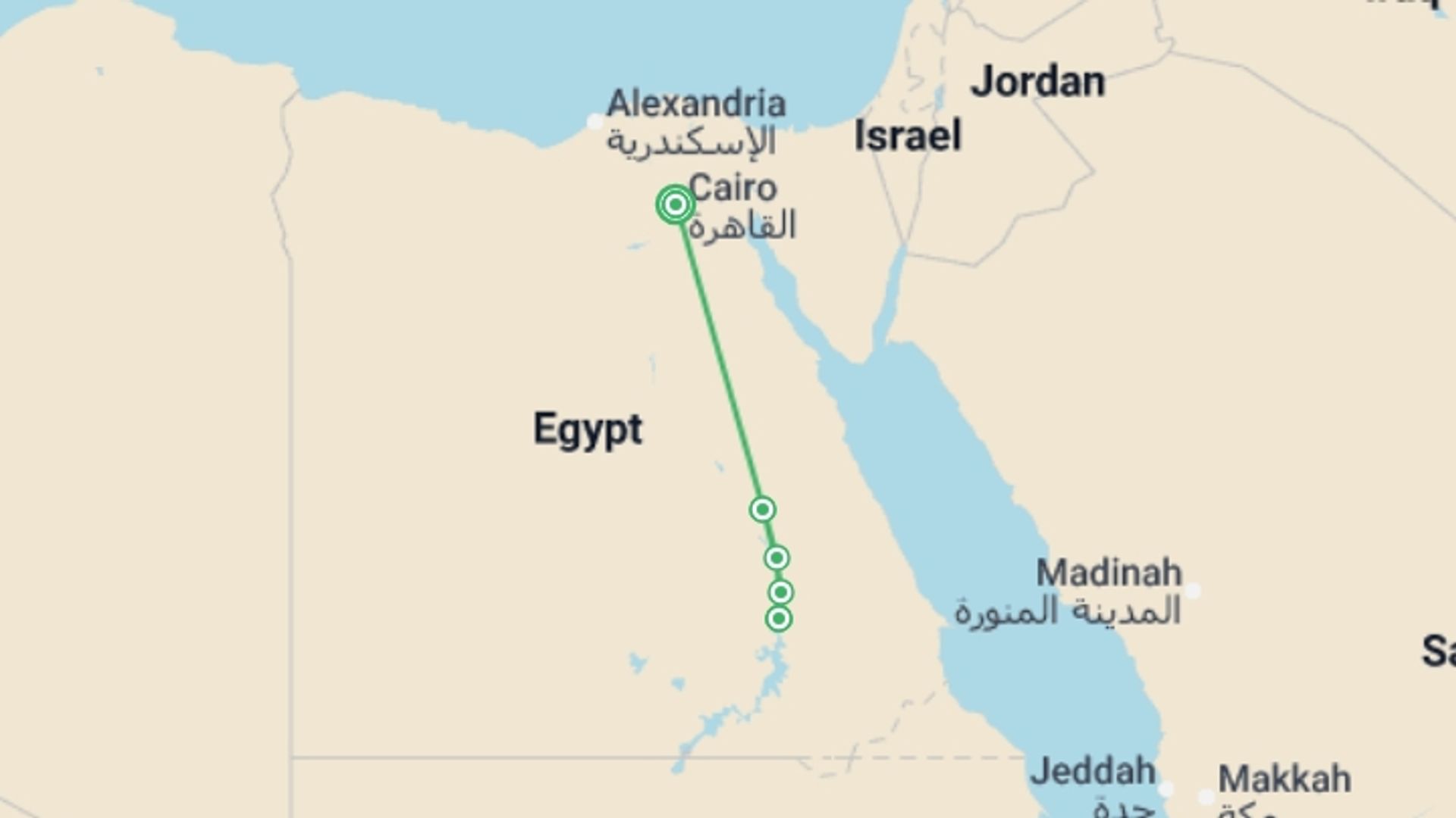 A map showing the tour itinerary for the trip: Splendours of Egypt, a Women-Only Tour, starting in Cairo, Egypt and ending in Cairo, Egypt going through 4 other destinations.