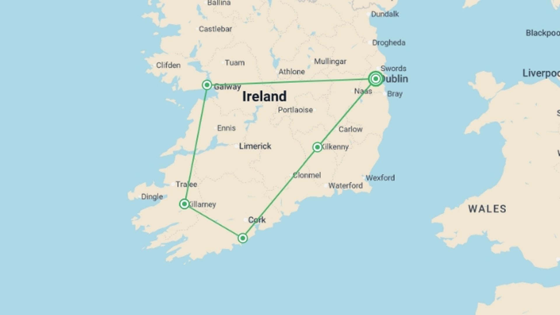 A map showing the tour itinerary for the trip: Land of Saints & Scholars - 7 days, starting in Dublin, Ireland and ending in Dublin, Ireland going through 5 other destinations.