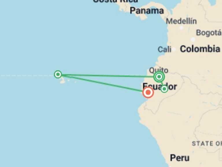 Map of Quito Wildlife Tour with 4 destination visits for the trip: Galapagos & Amazon (Archipel I)