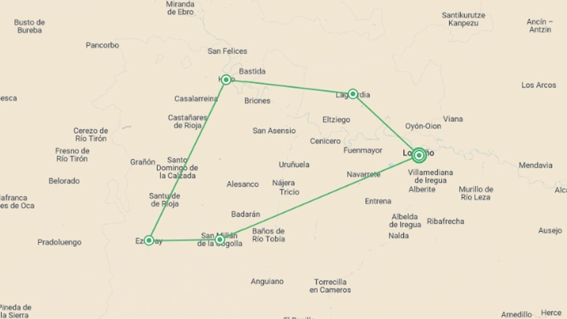 A map showing the tour itinerary for the trip: Vineyards of La Rioja Cycling, starting in Logrono, Spain and ending in Logrono, Spain going through 4 other destinations.