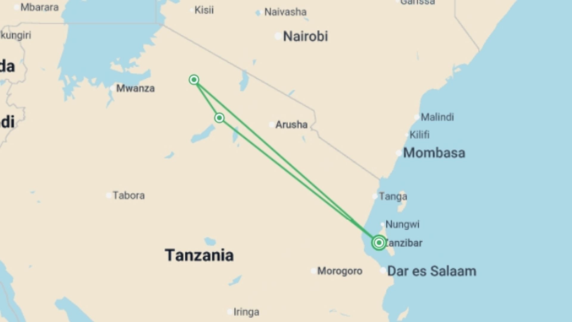 A map showing the tour itinerary for the trip: 3-Day Zanzibar to Serengeti & Ngorongoro by Plane, starting in Zanzibar, Tanzania and ending in Zanzibar, Tanzania going through 2 other destinations.