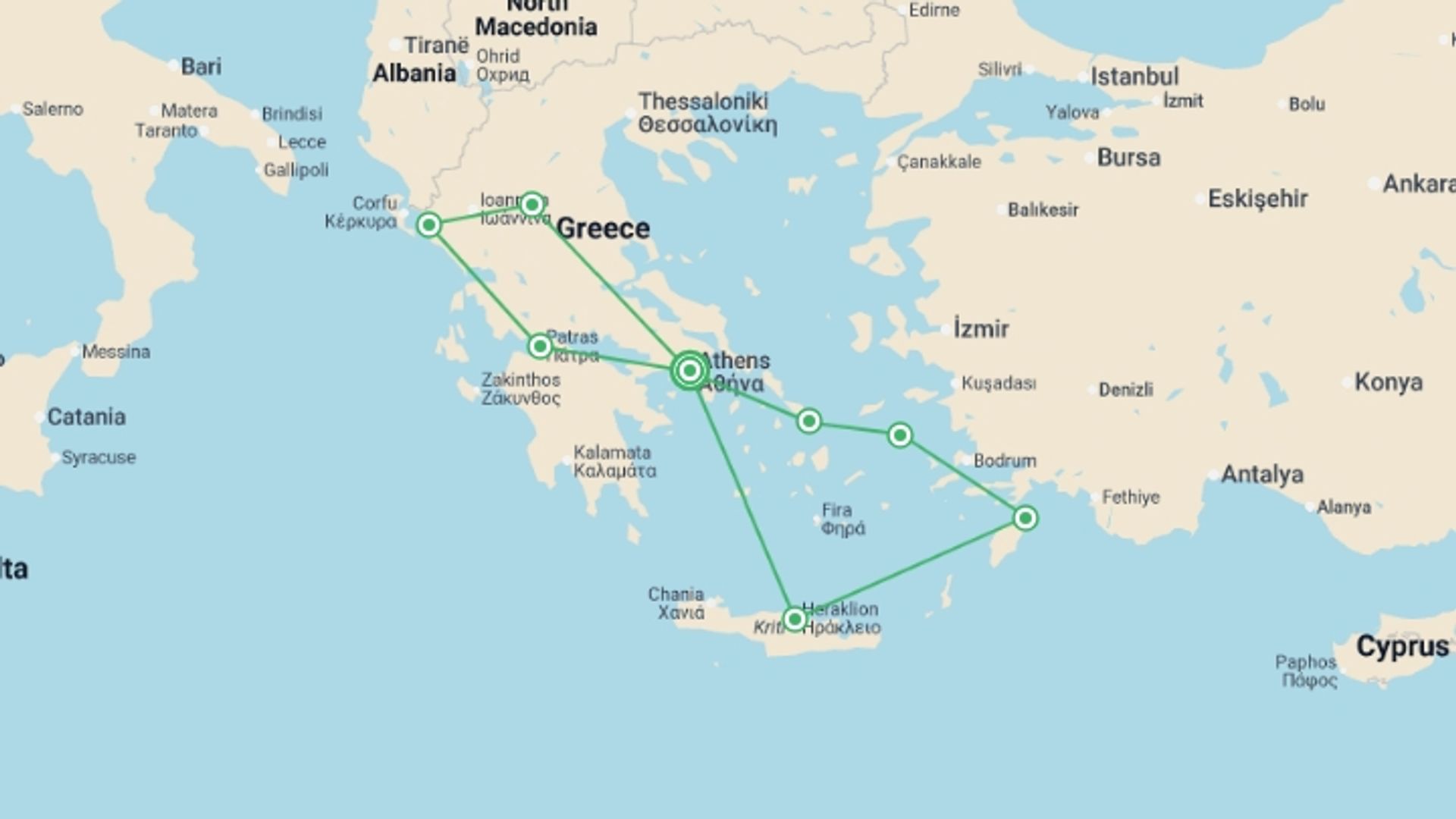 A map showing the tour itinerary for the trip: The Beautiful Aegean, Peloponnese and Northern Greece Int, starting in Athens, Greece and ending in Athens, Greece going through 6 other destinations.