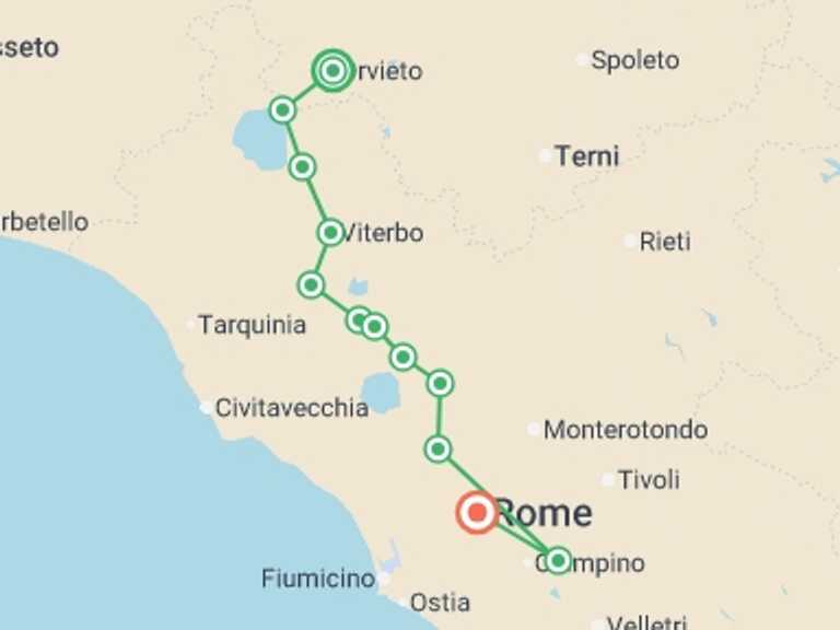 Map itinerary of Mediterranean Tour in April 2026 with 10 destination visits for the trip: Via Francigena: Orvieto to Rome