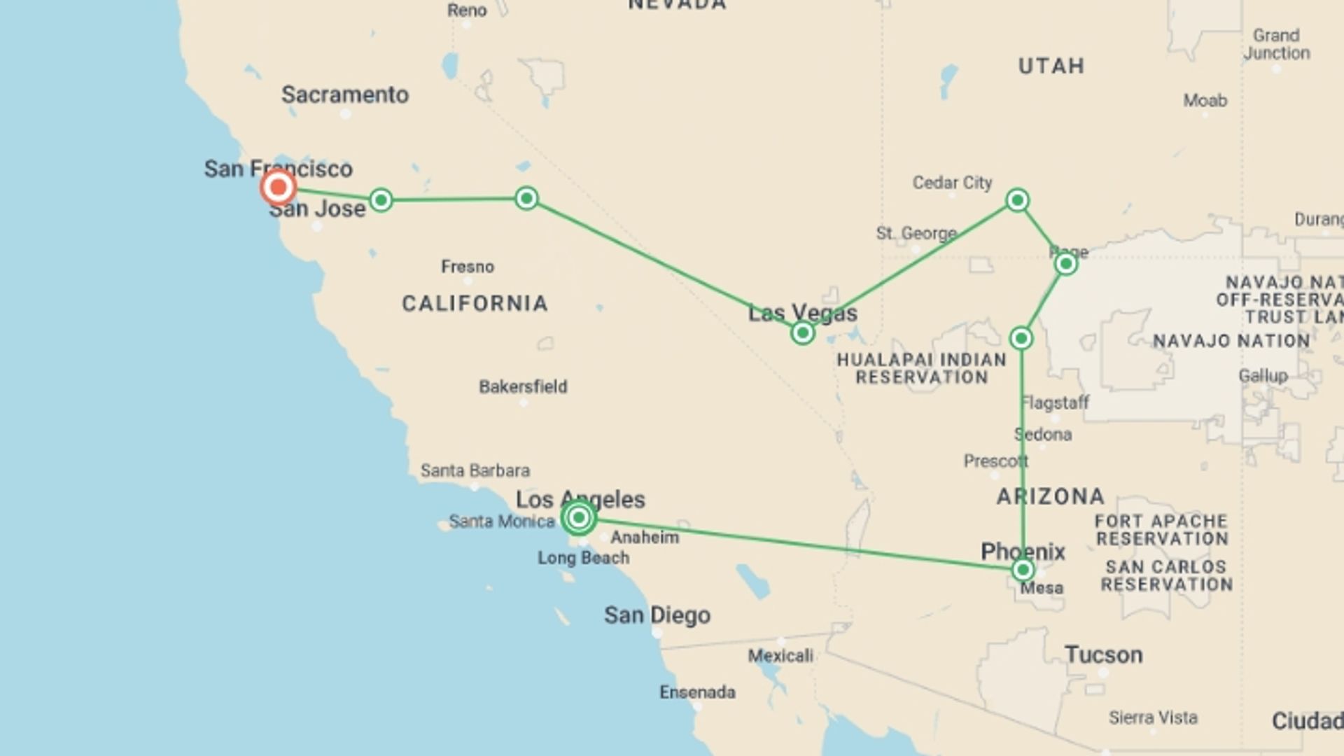 A map showing the tour itinerary for the trip: Splendours of the West, starting in Los Angeles, USA and ending in San Francisco, USA going through 8 other destinations.