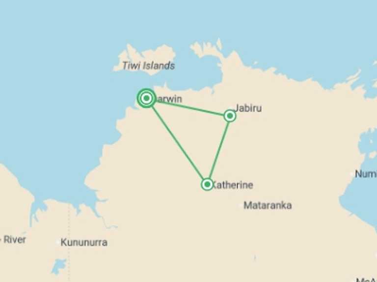 Map itinerary of Australia Tour in Spring with 3 destination visits for the trip: Kakadu, Katherine & Litchfield Explorer