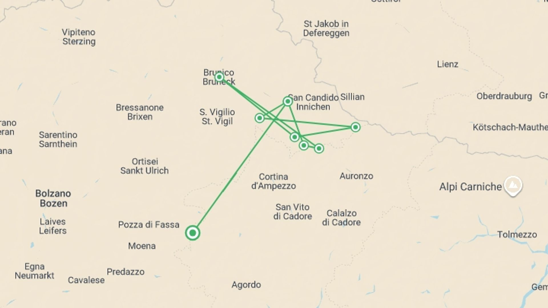 A map showing the tour itinerary for the trip: Classic Dolomites Hikes - Premium Adventure, starting in Dolomites, Italy and ending in Dolomites, Italy going through 2 other destinations.