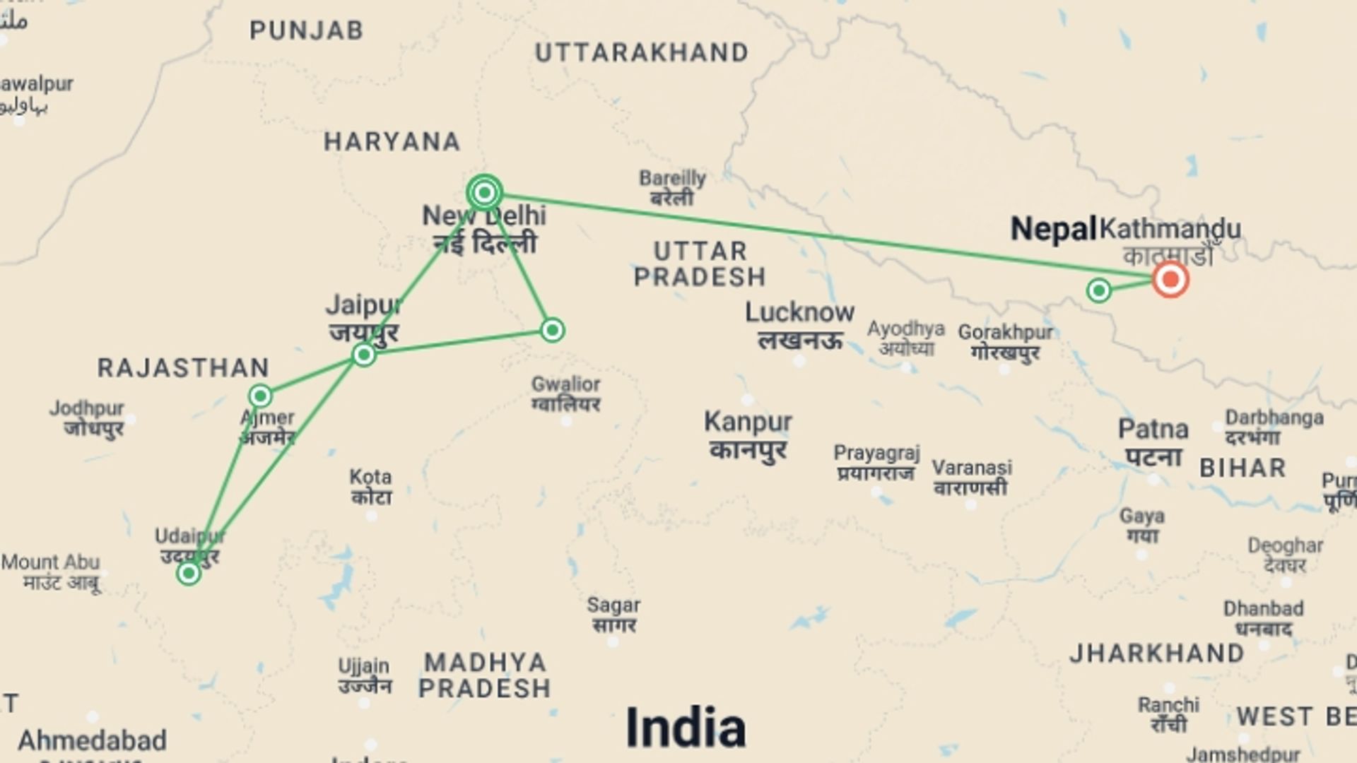 A map showing the tour itinerary for the trip: Majestic India And Nepal, starting in New Delhi, India and ending in Kathmandu, Nepal going through 5 other destinations.