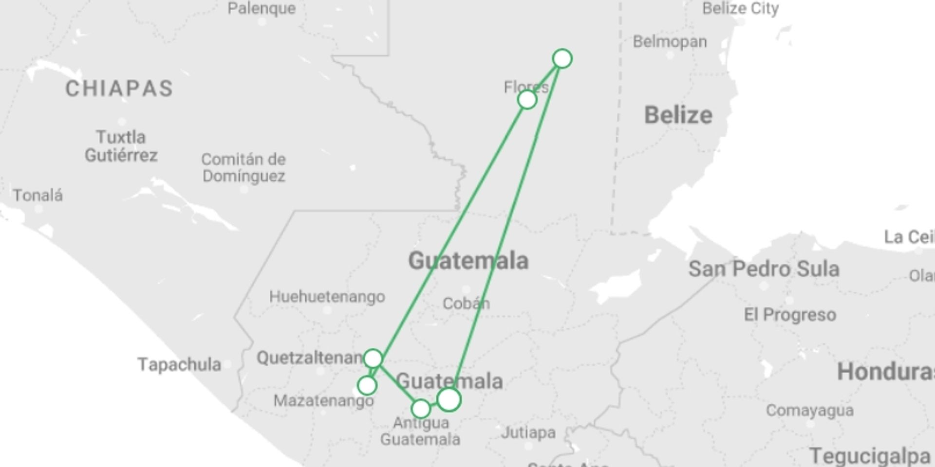 A map showing the tour itinerary for the trip: Wonders of Guatemala, starting in Guatemala City, Guatemala and ending in Guatemala City, Guatemala going through 4 other destinations.