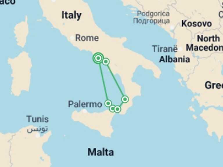 Map itinerary of Naples Tour in December 2026 with 5 destination visits for the trip: A Mediterranean Christmas - Naples, the Amalfi Coast & Sicily (port-to-port package)