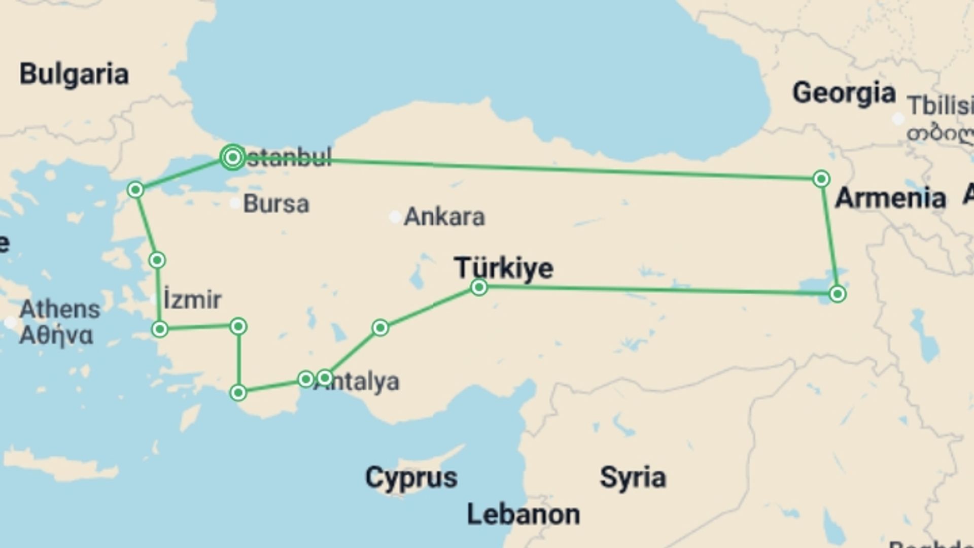 A map showing the tour itinerary for the trip: Flying Discovery Tour, starting in Istanbul, Turkey and ending in Istanbul, Turkey going through 13 other destinations.