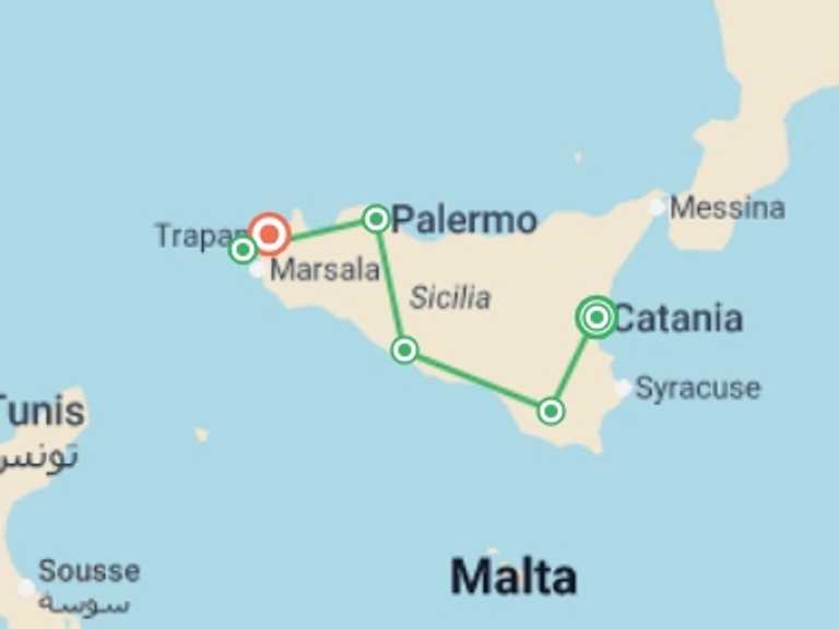Map itinerary of Catania Tour in August 2026 with 6 destination visits for the trip: Sicily & the Aegadian Islands - 10 days
