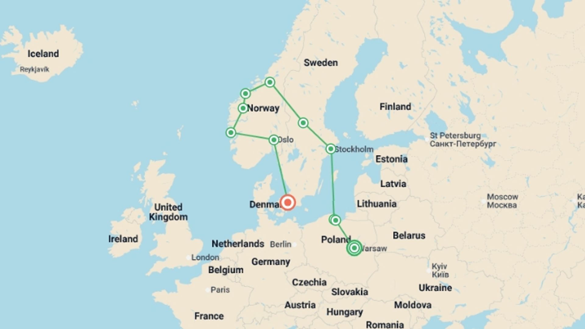 A map showing the tour itinerary for the trip: Fabulous Poland and Fjords End Copenhagen, starting in Warsaw, Poland and ending in Copenhagen, Denmark going through 9 other destinations.