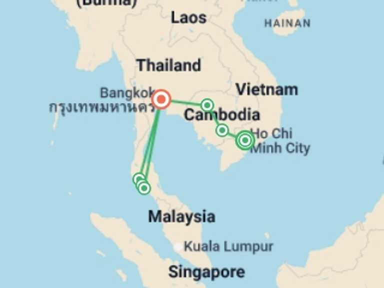Map of South East Asia Tour with 7 destination visits for the trip: Classic Cambodia and Thai Islands – West Coast