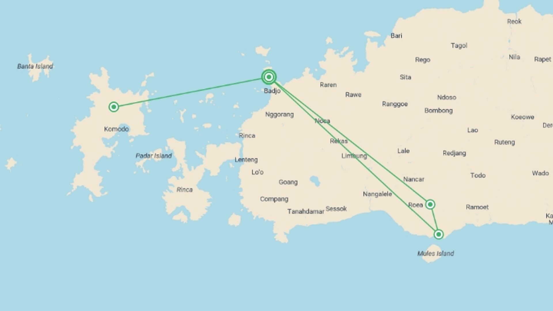 A map showing the tour itinerary for the trip: Flores Frontier: Jungles, Villages & Komodo Quests, starting in Labuan Bajo, Indonesia and ending in Labuan Bajo, Indonesia going through 3 other destinations.