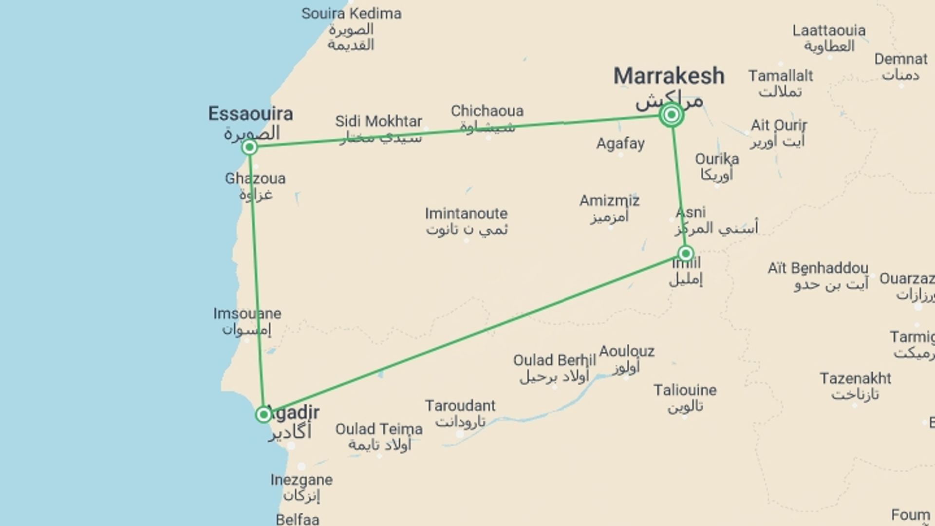 A map showing the tour itinerary for the trip: Five Days in Morocco, starting in Marrakech, Morocco and ending in Marrakech, Morocco going through 3 other destinations.