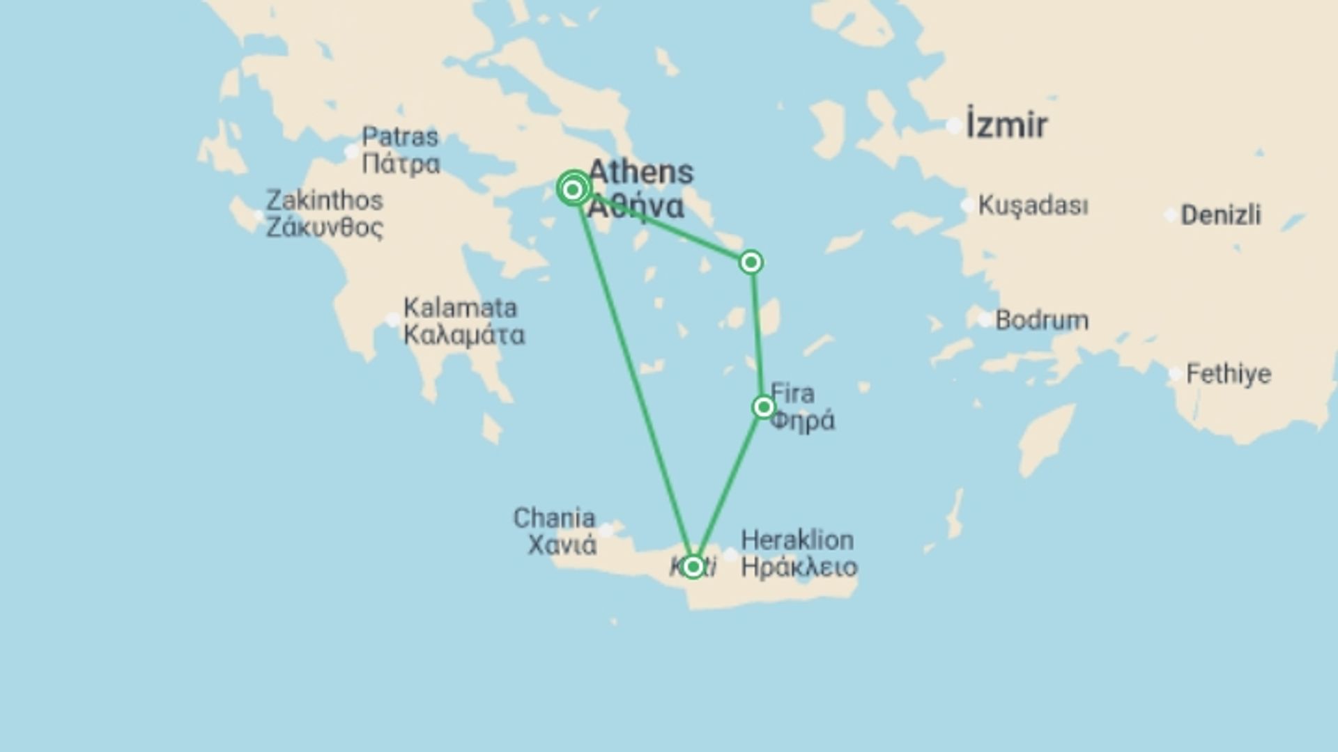 A map showing the tour itinerary for the trip: Greek Isles Adventure with Crete, starting in Athens, Greece and ending in Athens, Greece going through 3 other destinations.