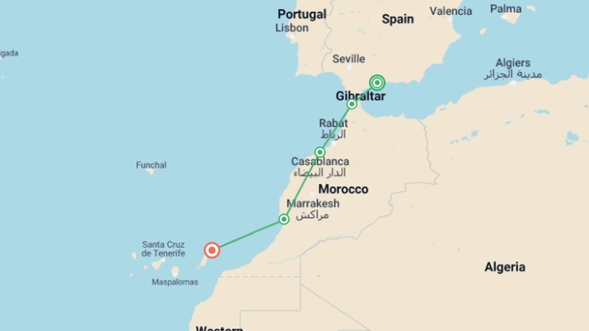 A map showing the tour itinerary for the trip: Magnificent Mudéjar Art
From the Andalusian Flatlands to Morocco's Imperial Cities (port-to-port package), starting in Malaga, Spain and ending in Arrecife, Spain going through 3 other destinations.