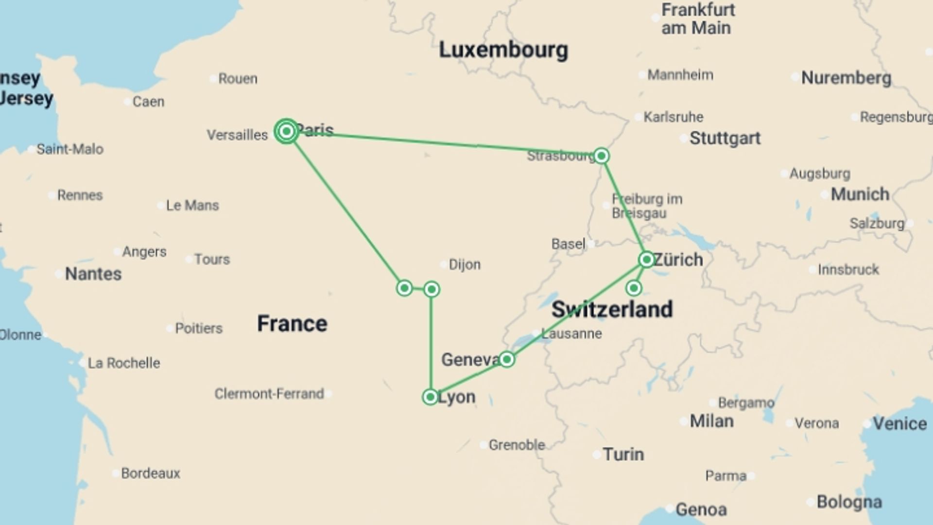 A map showing the tour itinerary for the trip: France and Switzerland ROT, starting in Paris, France and ending in Paris, France going through 2 other destinations.