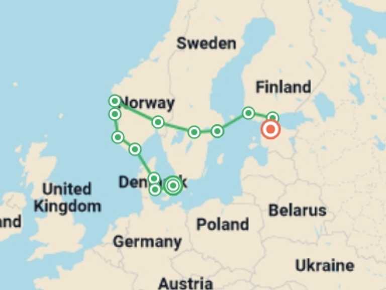 Map of Scandinavia Tour with 8 destination visits for the trip: Absolute North