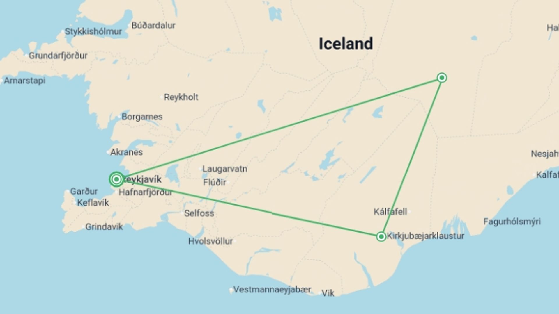 A map showing the tour itinerary for the trip: Geysers, Glaciers, & Golden Circle - 3 days, starting in Reykjavik, Iceland and ending in Reykjavik, Iceland going through 3 other destinations.